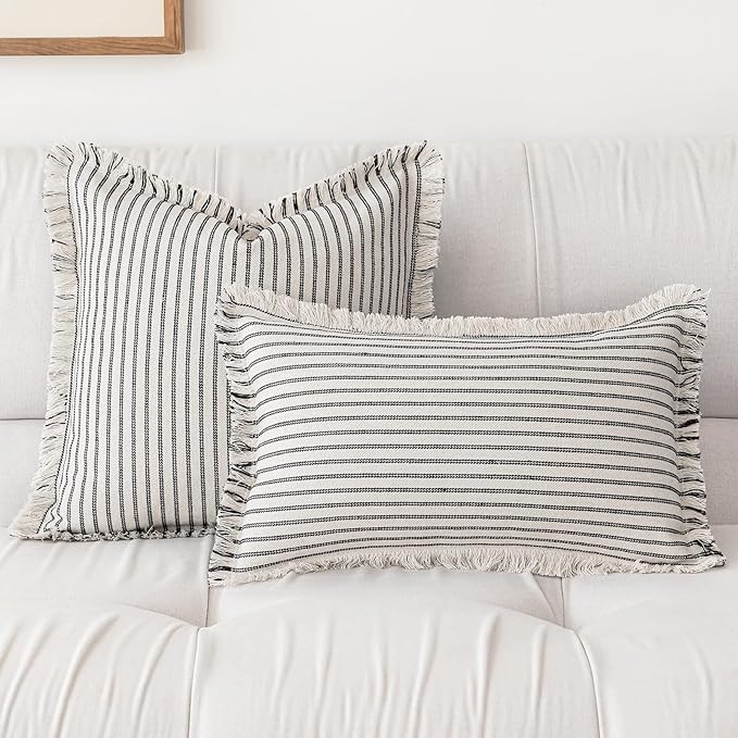 YEENAASY Throw Pillow Covers 24x24 Set of 2 Striped Fringe Pillow Cover Farmhouse Cushion Covers with Tassel Neutral Boho Pillows Decorative Square Pillowcase for Couch Sofa Bed, Black