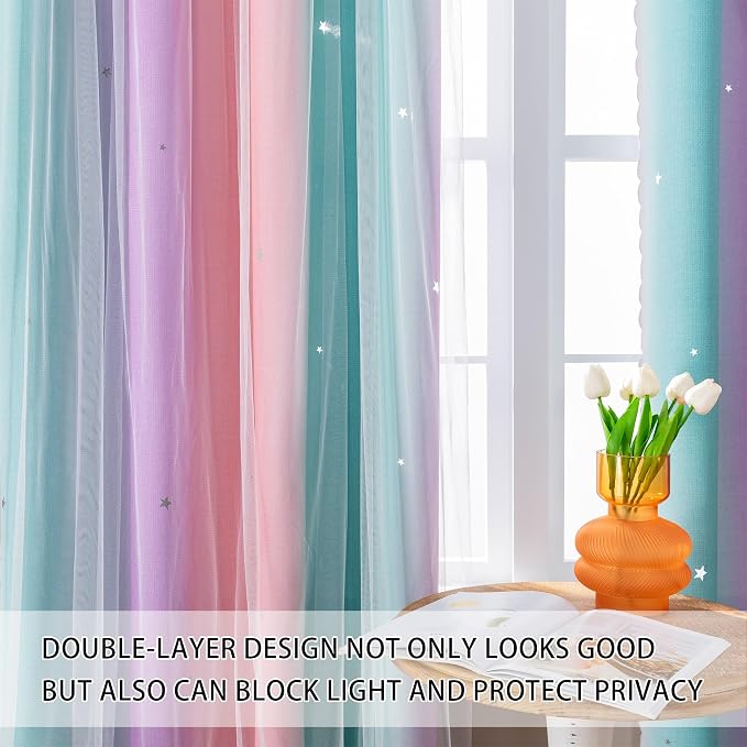 XiDi Curtains for Girls Bedroom Decor Rainbow Blackout for Kid Nursery Room | Colorful Rainbow Design, Pink Curtains, Princess Unicorn Wall Decor Ombre Curtains, Pink/Purple/Green, W34 X L84 2 Panels