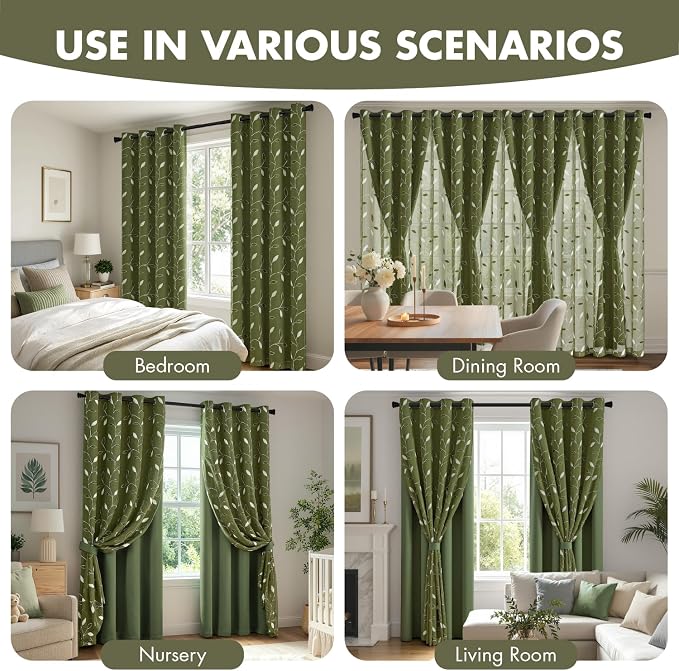 MIULEE Olive Green Double Layer Curtains 84 Inches Long, Leaf Patterned Sheer Floral Drapes and Blackout Room Darkening Window Curtains for Living Room Bedroom, Grommets Top, 52" W x 84" L, 2 Panels