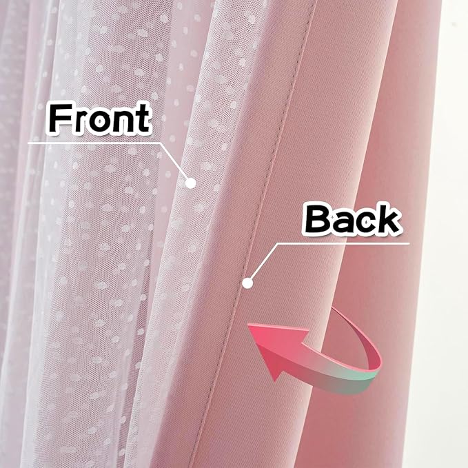 MYSKY HOME Pink Curtains for Girls Bedroom & Nursery Kids Blackout 90 Inch Blush Princess Curtains Double Layer with Polka Dots Sheer, Grommet Tops, 52" Wide, 2 Panels