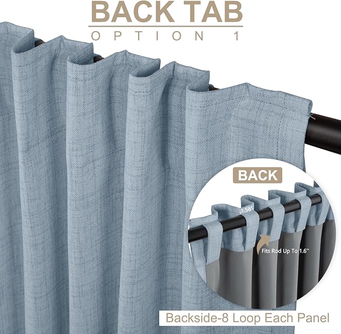 100% Blackout Shield Dusty Blue Linen Blackout Curtains for Bedroom 102 Inches Long, Back Tab/Rod Pocket Living Room Drapes, Thermal Insulated Blackout Curtains 2 Panels Set, 50" W x 102" L