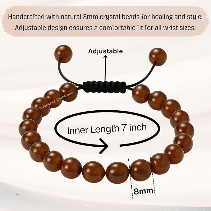 Amazing Gemstone Hessonite Garnet Bracelet, Gifts for Men & Women - Protection Healing Crystal Bracelet - 8mm Gemstone Beaded Adjustable Bracelet, Pulseras para Hombres Mujer Stocking Stuffers