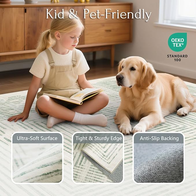 BLISSA Washable 5x7 Area Rugs - Soft Modern Throw Rug for Living Room Non-Slip Ultra-Thin Sage Green Lines Borderd Abstract Carpet for Bedroom Dining Room Rugs for Under Table Nursery Home Decor