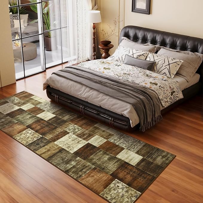 DweIke Runner Rug for for Hallways, 2'x6' Washable Kitchen Rugs with Non Slip Rubber Backing, Soft Low Pile Non-Shedding Geometric Carpet for Laundry Bedroom Bathroom, Brown