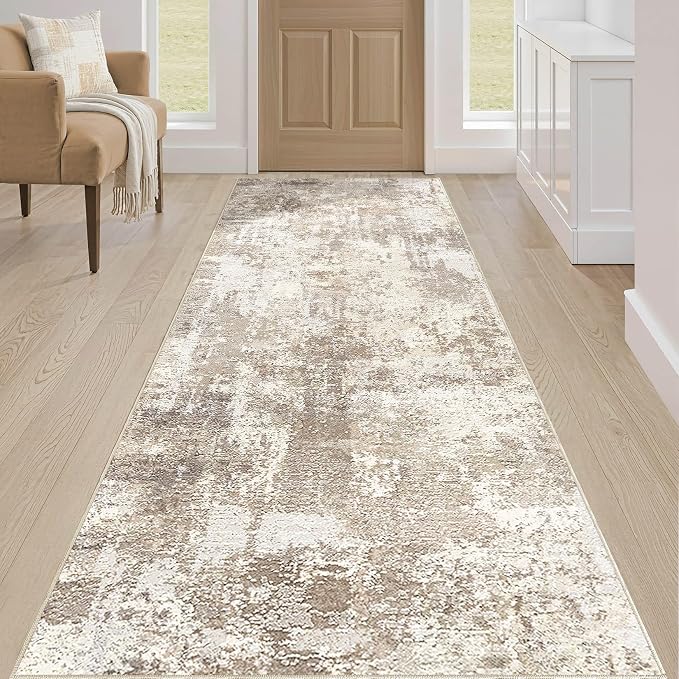Runner Rug Kitchen Washable Rugs: 3x8 Non-Slip Abstract Soft Modern Stain Resistant Indoor Floor Neutral Accent Throw Carpet for Hallway Bathroom Laundry Room Entryway Bedroom- Beige Brown