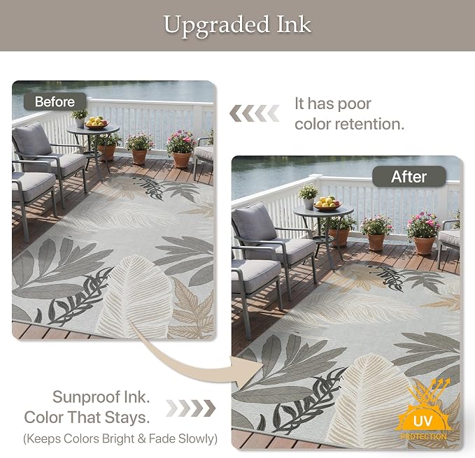 GENIMO 5x8 Outdoor Rug, Washable for Patio and Deck, Sand Grey | Botanical leaf design for porch; fade resistant chenille with quick-dry non-slip backing for indoor sunroom.