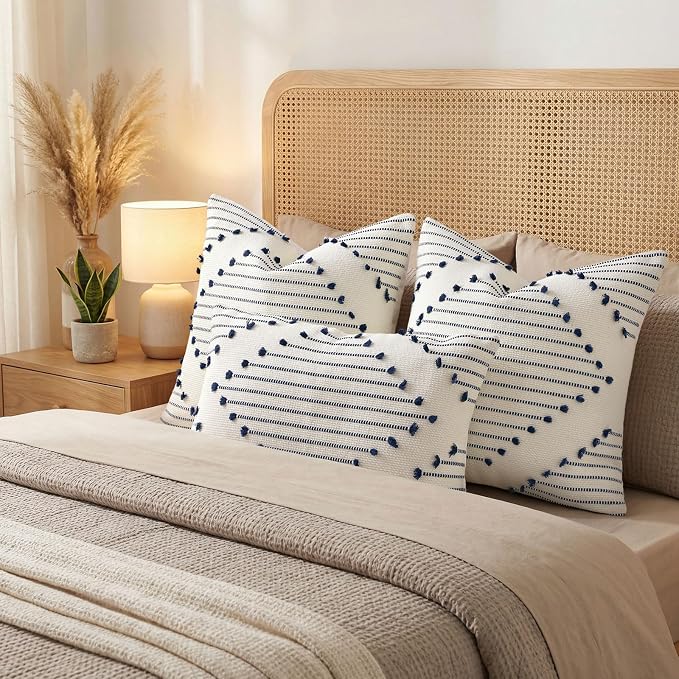 Mecatny Boho Summer Outdoor Throw Pillow Covers 22X22 Set of 2, Farmhouse Decorative Pillow Covers for Couch Sofa Living Room, Navy & Cream White
