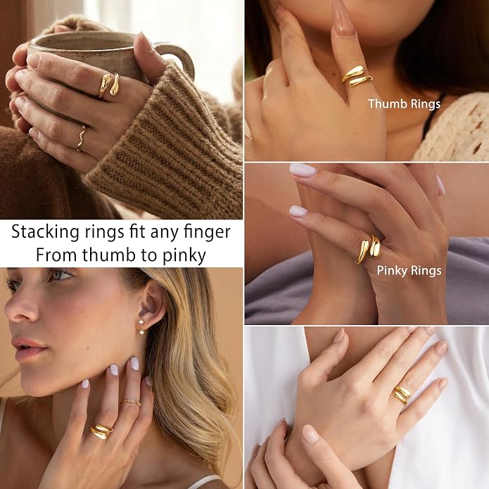 Non Tarnish Gold Chunky Rings for Women, 14K Gold Plated Statement Dome Rings Stacking Silver, Adjustable Mens Eternity Wedding Band Mixed Metal Jewelry Size 3-13
