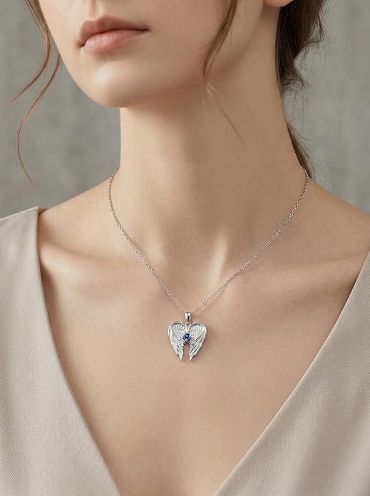 Dorunmo Guardian Angel Wing Pendant Birthstone Heart Necklace Birthday Jewelry Gifts for Women Mom Wife Daughter