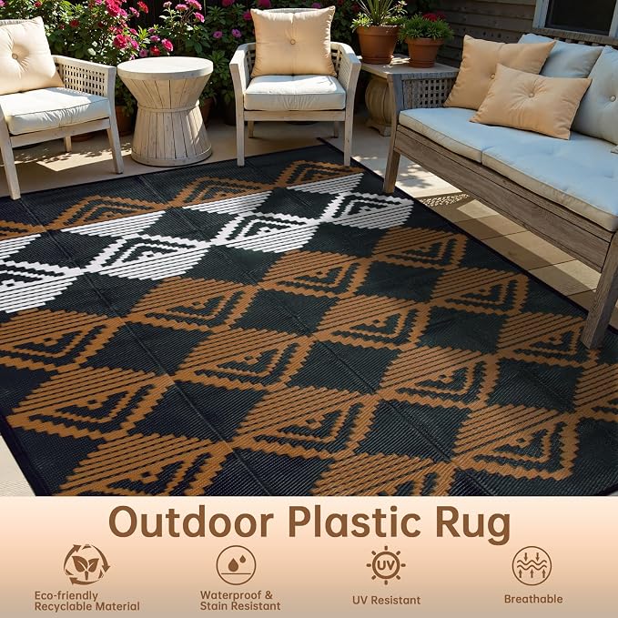Beeiva Large Outdoor Rug 9x12 Waterproof for Patio, Reversible Plastic Straw Outdoor Rug for Backyard, Deck, Outdoor Furniture, Black Brown