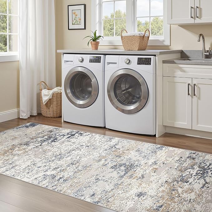 DMOYEST Washable Runner Rug for Hallway: 3x12 Neutral Modern Abstract Low Pile Area Rug with Non-Slip Backing - Carpet for Bedroom Kitchen Laundry Entryway Bathroom Indoor -Beige Blue