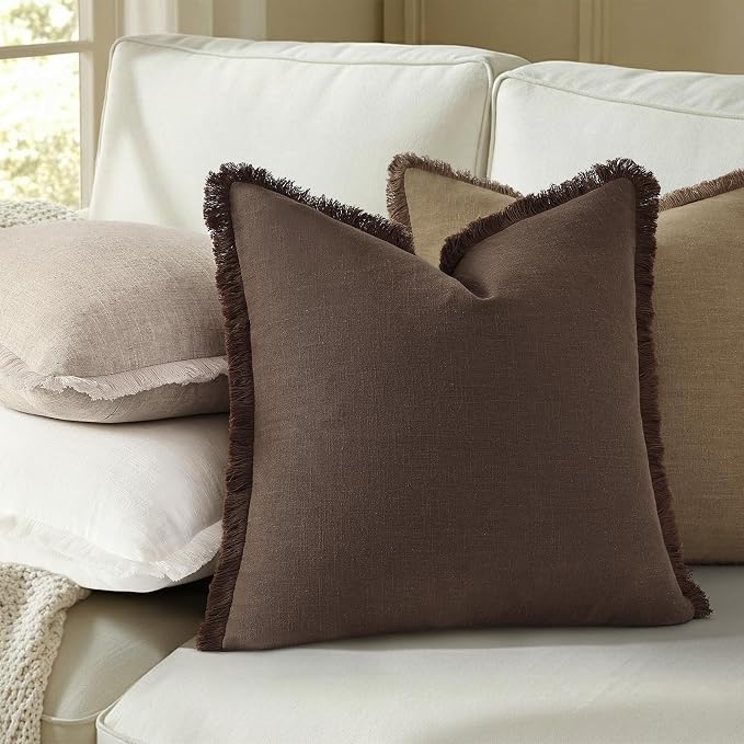decorUhome Linen Fringe Light Brown Throw Pillow Covers 26x26 Set of 2 | Euro Sham Decorative Soft Accent Modern Boho Farmhouse Cushion Covers with Tassels Cotton Pillow Covers for Couch Bed Sofa