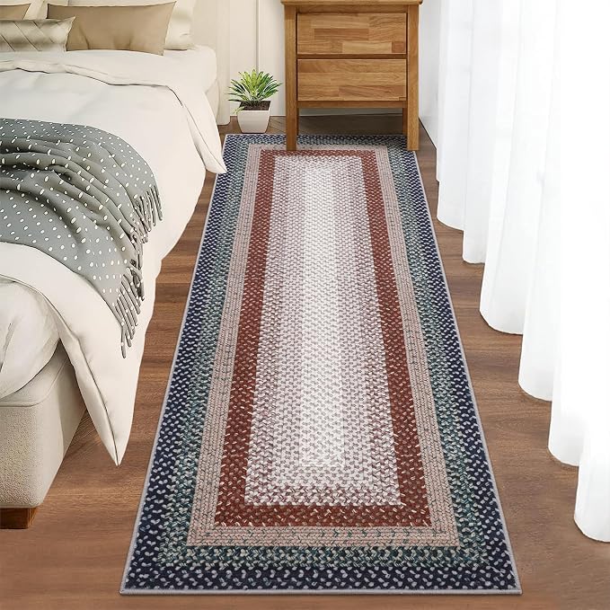 RUGSREAL Hallway Runner Rugs 2x6 Braided Rug Machine Washable Kitchen Rug Farmhouse Runner Carpet Non Slip Stain Resistant Rustic Runner Modern Printed Rug for Living Room Bedroom, Olive/Brown