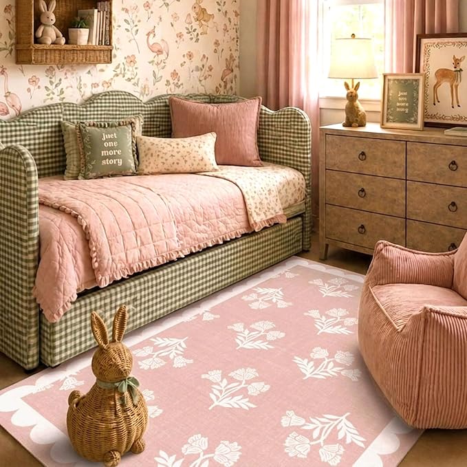 Pink Floral Rug for Girls Bedroom - 3x5 Soft Washable Non Slip Boho Bathroom Rug Preppy Cute Scalloped Small Throw Rugs for Entryway Kitchen Nursery Kids Room Playroom Dorm Home Decor