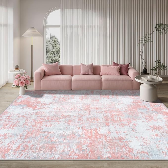 Pink Rug Carpet 9x12 Area Rugs for Bedroom Girls: Washable Modern Rug for Living Room Dining Room Non Slip Low Pile 9 by 12 Indoor Abstract Home Office
