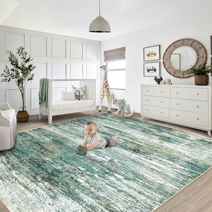 XLUEZ 8x10 Area Rugs for Living Room, Washable Modern Abstract Large Area Rug Neutral Soft Non Slip Kids Rug Stain Resistant Indoor Carpet for Bedroom Nursery Dining Room Playroom(Green, 8'x10')