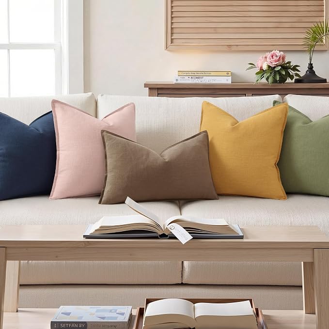 decorUhome Fall Light Brown Linen Throw Pillow Covers 12x20 Set of 2 | Decorative Soft Cozy Modern Farmhouse Boho Accent Pillow Cases with Flange Edges for Couch Bed Sofa Living Room Home Decor