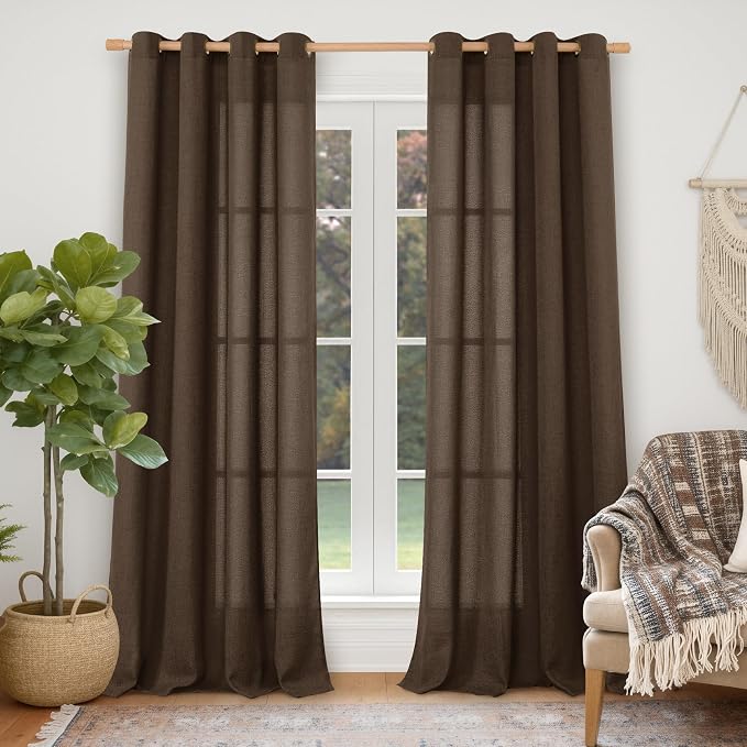 YoungsTex 102 Inches Long Brown Linen Curtains, Chocolate Semi Sheer Drapes with Bronze Grommet Light Filtering Floor Length for Bedroom Living Room, 2 Panels, 52 x 102 Inch