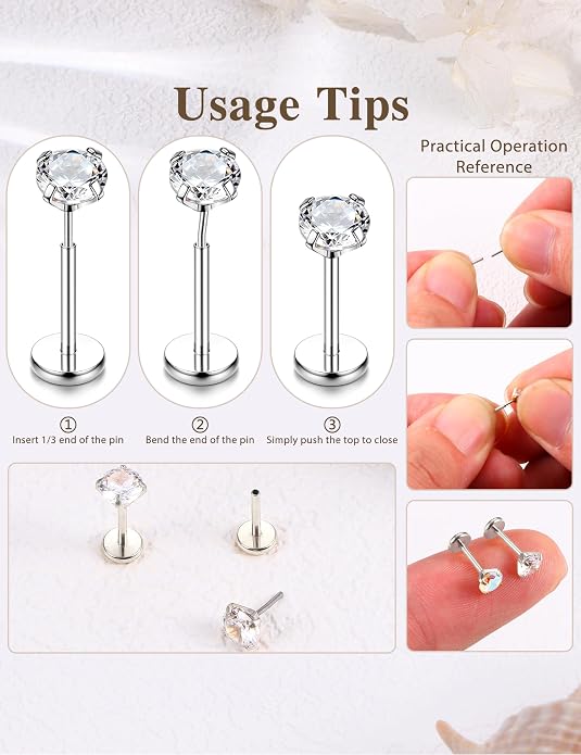 Sanfenly Threadless Flat Back Earrings Studs 316L Surgical Steel Cartilage Earrings for Women Men Push in Nose Rings Studs 20G 18G 16G CZ Opal Tragus Helix Conch Lip Labret Medusa Nostril Piercing Jewelry Hypoallergenic