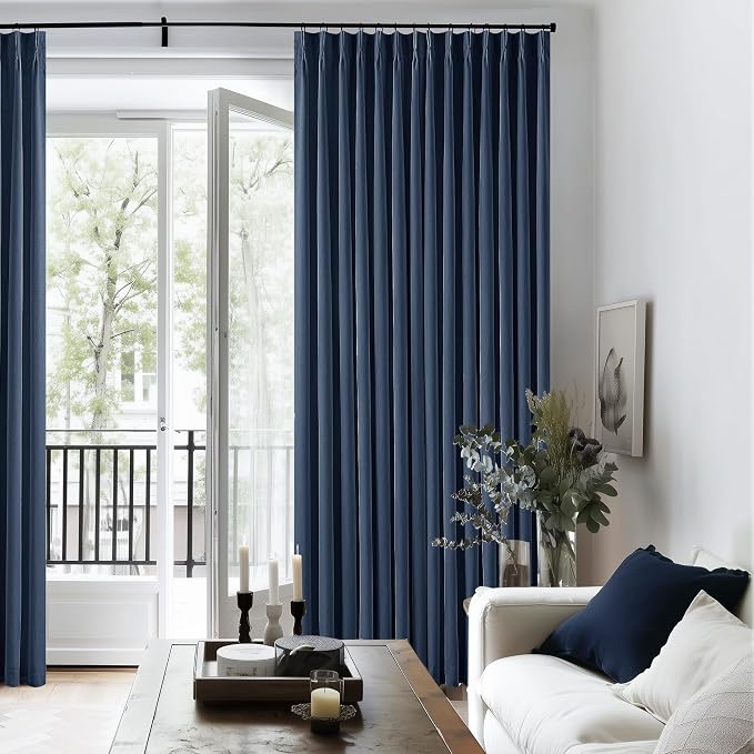 Navy Blue Pinch Pleated Full Blackout Linen 80 Inch Window Curtains | Room Darkening Thermal Insulated, for Living Room Bedroom, Back Tab Pinch Pleat Drapes with Hooks Rings, W40xL80 2 Panels