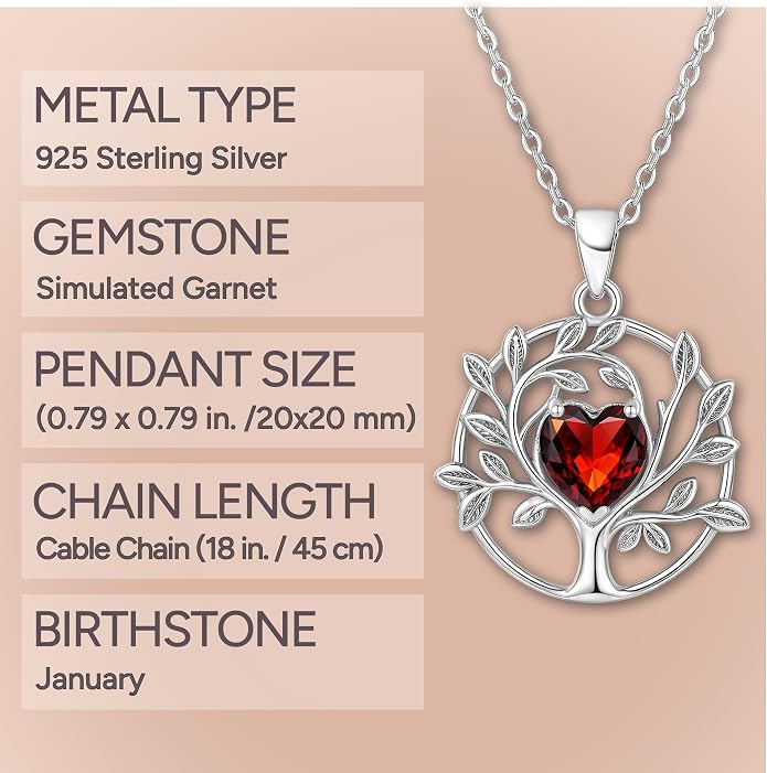 ADITA GOLD Tree of Life Necklace for Women, 925 Sterling Silver Birthstone Pendant, Simulated Gemstone, Jewelry