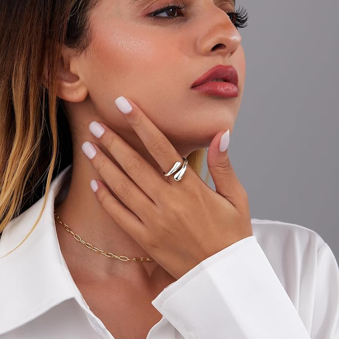 Non Tarnish Gold Chunky Rings for Women, 14K Gold Plated Statement Dome Rings Stacking Silver, Adjustable Mens Eternity Wedding Band Mixed Metal Jewelry Size 3-13