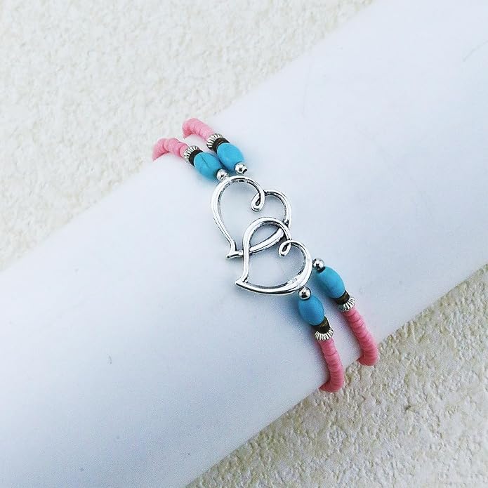 Elastic Beaded Ankle Bracelets for Women Double Heart Layered Stretch Ankle Bracelets Waterproof Dainty Boho Beaded Anklets for Summer Beach Foot Jewelry