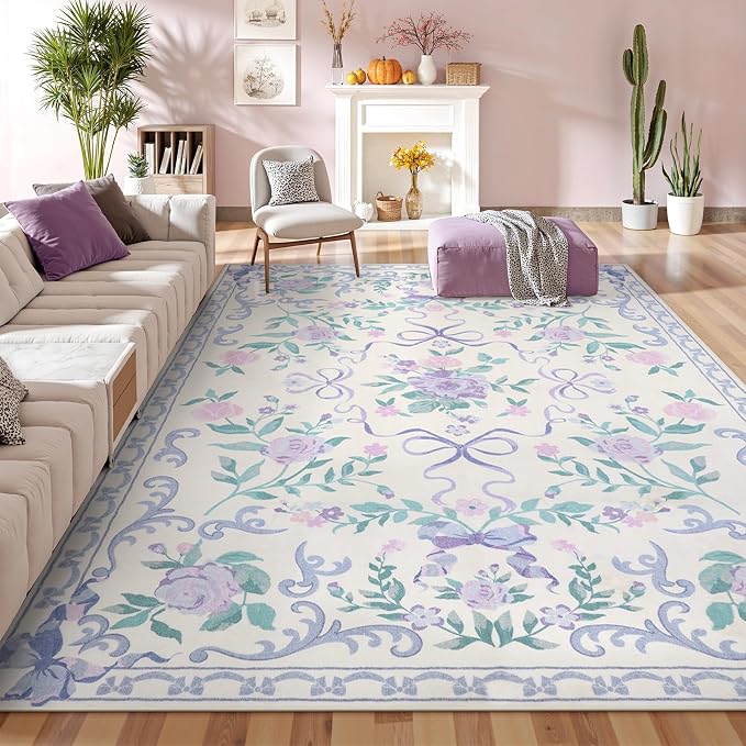 Collive 6x9 Purple Area Rug, Boho Bow and Floral Rugs for Living Room Machine Washable, Soft Ultra-Thin Bow Carpet Non Slip for Girls Room Bedroom Entryway Playroom