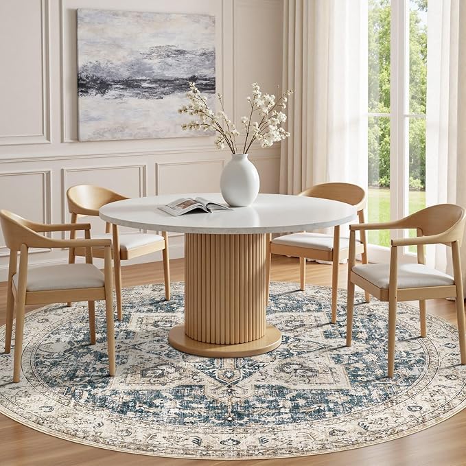 Tortania 5' Round Area Rug Living Room Rugs - Washable Boho Rug Vintage Oriental Distressed Farmhouse Large Thin Indoor Carpet for Bedroom Under Dining Table Home Office - Cream/Blue