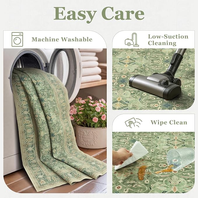Sage Green Rugs 8x10, Washable Non Slip Area Rug for Living Room Bedroom Dining Room, Boho Floral Moroccan Pattern Printed Carpet Rug Low Pile Thin for Nursery Playroom Kids Room
