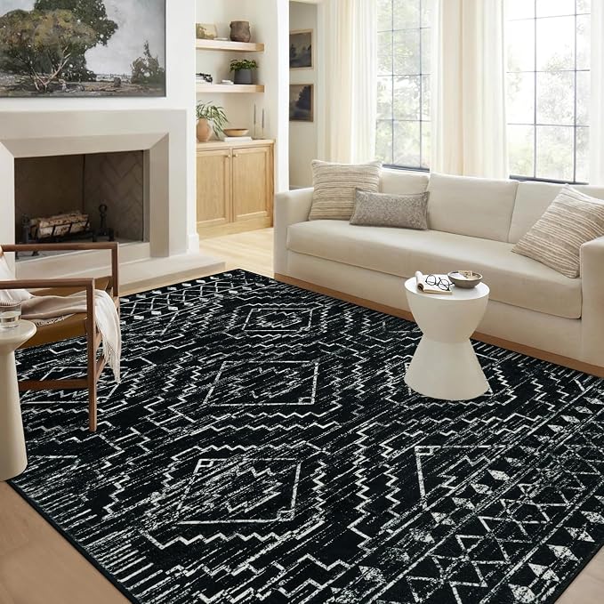 Wonnitar Moroccan 9x12 Area Rug for Living Room, Washable Black Rugs for Bedroom, Large Non-Slip Thin Dining Room Rugs for Under Table, Non-Shedding Soft Boho Floor Carpet Decor (Black,9'x12')