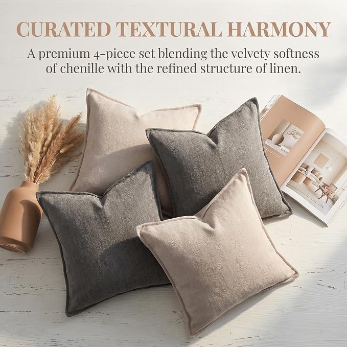 18x18 Inches Throw Pillow Covers Set of 4 Soft Textured Chenille Decorative Cushion Cases for Couch Sofa Bed Modern Farmhouse Neutral Accent Covers with Hidden Zipper Beige Coffee