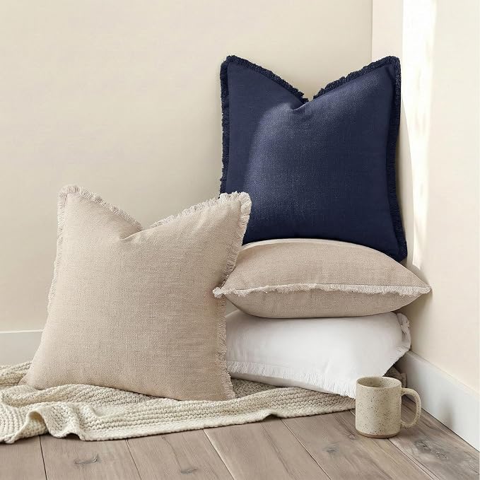 decorUhome Linen Fringe Navy Blue Throw Pillow Covers 16x16 Set of 2 | Decorative Soft Accent Modern Boho Farmhouse Cushion Covers with Tassels Cotton Pillow Covers for Couch Bed Sofa