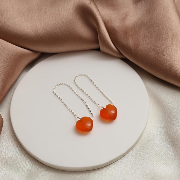 Gemstone Heart Shaped Threader Earrings in 925 Sterling Silver, Pull Through Adjustable, Versatile & Trendy, Perfect Valentine's Gift for Women, Choice of Gemstone Available