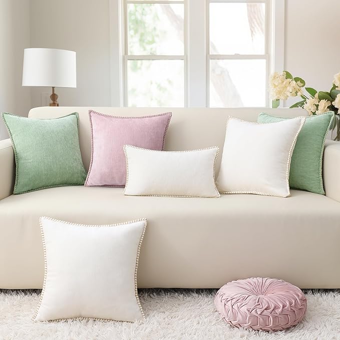 decorUhome Soft Chenille Throw Pillow Covers 24x24 Set of 2 Cream White | Fall Textured Decorative Throw Pillow Cases Stitched Edge Modern Farmhouse Luxury Boho Velvet for Couch Sofa Bed Home Decor