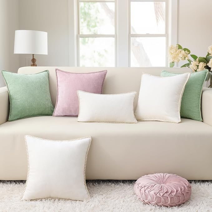 decorUhome Soft Chenille Throw Pillow Covers 26x26 Set of 2 Cream White | Fall Textured Decorative Throw Pillow Cases Stitched Edge Modern Farmhouse Luxury Boho Velvet for Couch Sofa Bed Home Decor