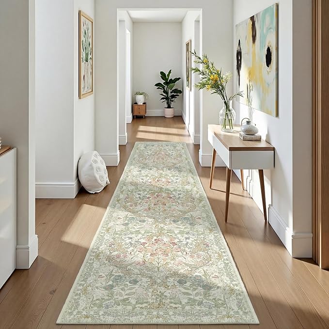 Sage Green Washable 2x8 Runner Rug for Bathroom, Hallway, Kitchen, Non-Slip & Stain Resistant 8ft Long Entryway Floor Rug, Retro Boho Floral Décor