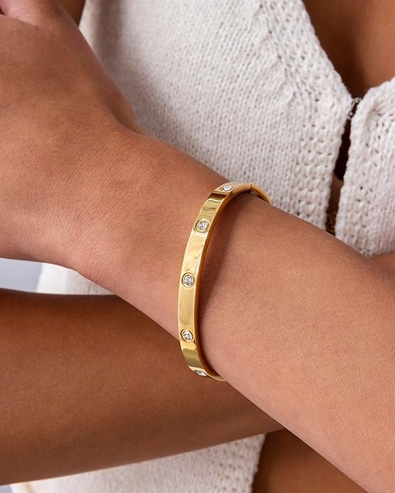 PAVOI Waterproof Bracelet for Women - 14K Gold Plated Bangle with Cubic Zirconia - Stainless Steel Hinge Bracelet Jewelry Gifts