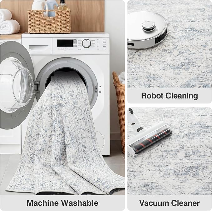 FMFUNCTEX 8x10 Washable Area Rug Blue Neutral Vintage Distressed Oriental Large Non Slip Carpet for Living Room Bedroom Soft Low Pile Indoor Mat Retro Throw Rug for Dining Room Kitchen Office Nursery