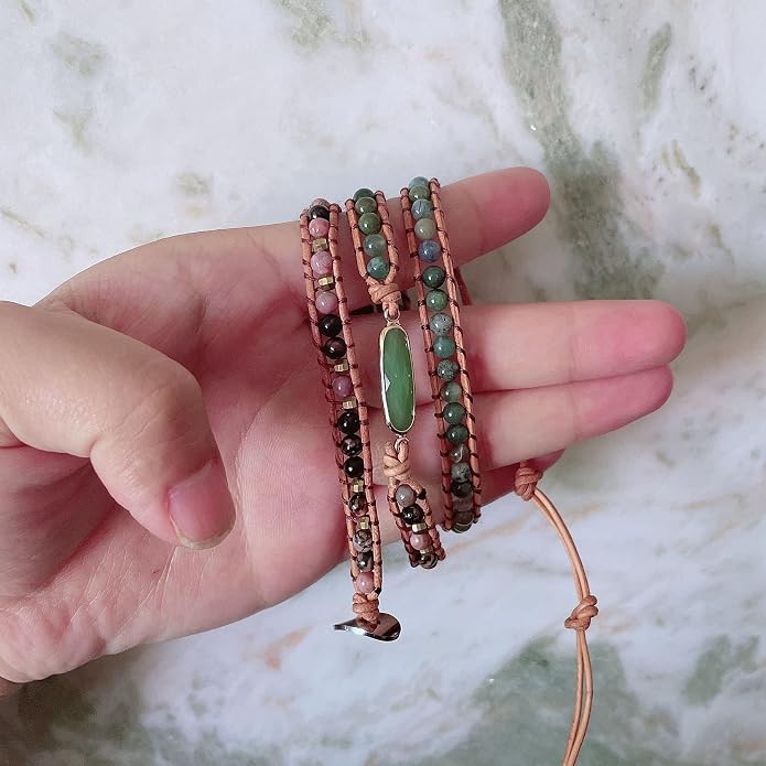 Plumiss Women Boho Handmade Natural Stone Crystal Leather Bead Wrap Bracelets Collection
