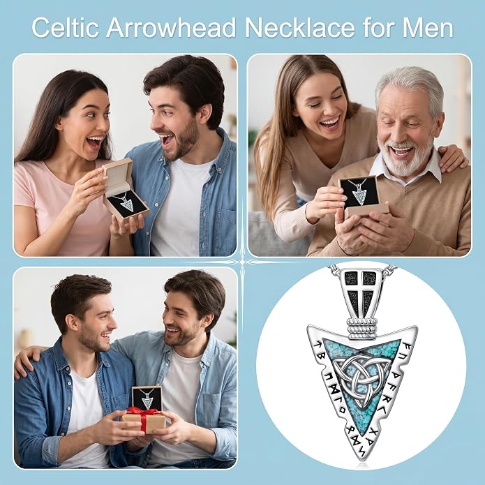 Viking Turquoise Arrowhead Necklace for Men Celtic/Evil Eye/Ankh/Valknut/Compass Arrow Head Pendant Fathers Day Birthday Gifts