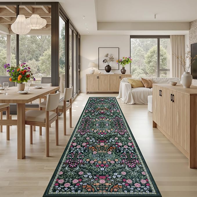 Runner Rug for Entryway: 2.6x14 Kitchen Rugs Non Slip Washable Ultra-Thin Soft Floral Carpet Indoor Floor Stain Resistant Carpets for Hallway Bedroom Kitchen Laundry Bathroom Dorm Dark Green