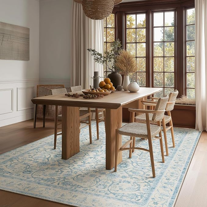 Washable Rugs for Living Room: 5x7 Area Rugs for Bedroom Ultra Soft Non-Slip Low Pile Vintage Boho Large Carpet for High-Traffic Dining Room - Farmhouse Decor