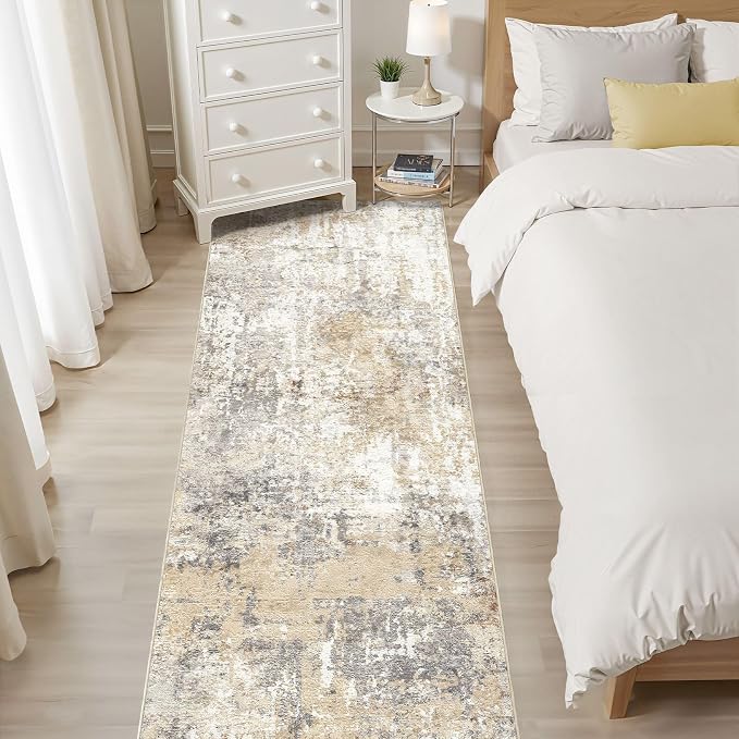 Runner Rug Kitchen Washable Rugs: 2x10 Non-Slip Abstract Soft Modern Stain Resistant Indoor Floor Neutral Accent Throw Carpet for Hallway Bathroom Laundry Room Entryway Bedroom- Gray Gold