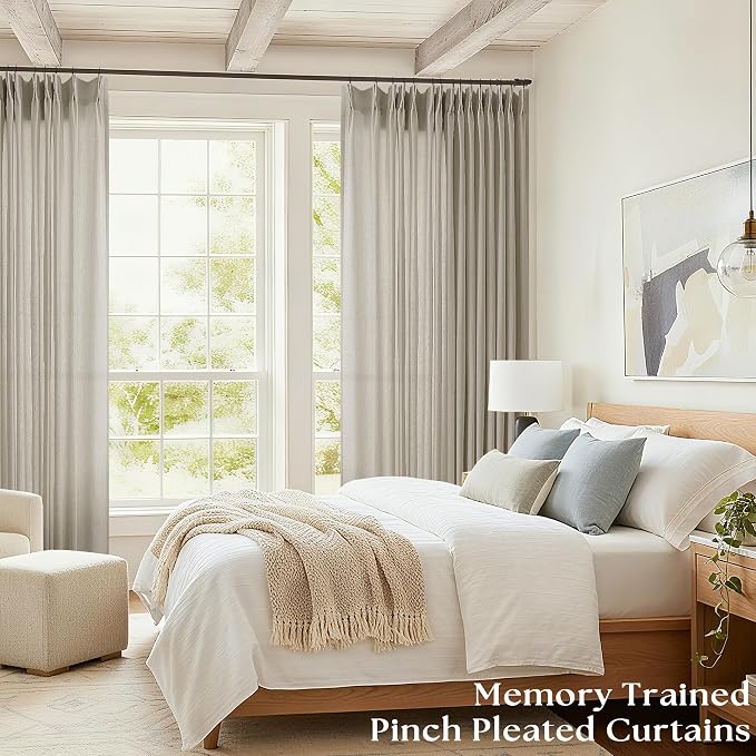 Extra Wide Pinch Pleat Curtains 108 Inches Long 100 Inch Wide Linen | Semi Sheer, Burlywood Birch, Ceiling Track Drape, Large Window Curtain, 100x108 Inch, for Living Room Sliding Glass Door
