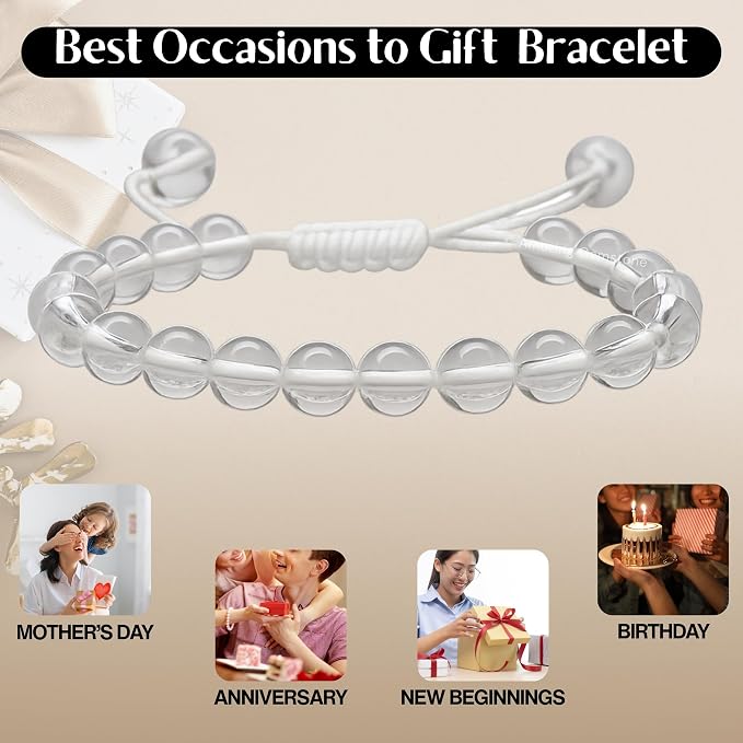 Amazing Gemstone Clear Quartz Bracelet, Gifts for Men & Women - Protection Healing Crystal Bracelet - 8mm Gemstone Beaded Adjustable Bracelet, Pulseras para Hombres Mujer Stocking Stuffers