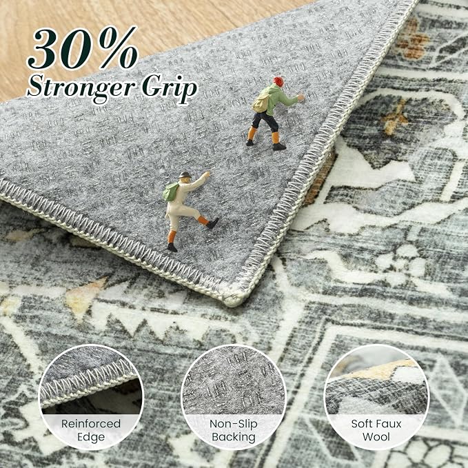 Taupe Vintage 9x12 Living Room Rug - Vintage Oriental Revival Low-Pile Carpet for Bedroom, Dining Table, Machine Washable Soft Non-Slip Large Area Rug Distressed Farmhouse Décor Light Grey