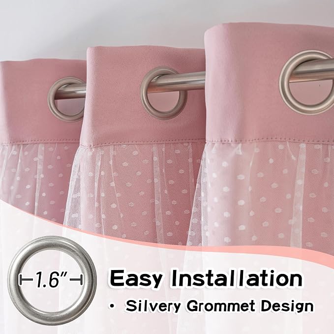 MYSKY HOME Pink Curtains for Girls Bedroom & Nursery Kids Blackout 90 Inch Blush Princess Curtains Double Layer with Polka Dots Sheer, Grommet Tops, 52" Wide, 2 Panels