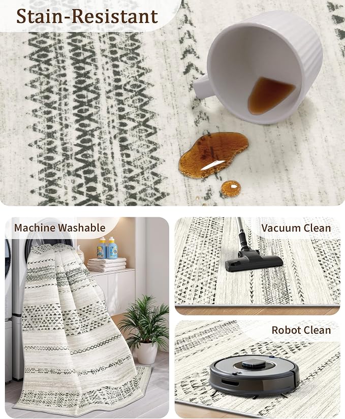 Miukiki 6x9 Area Rug for Living Room Moroccan Washable Rugs Non Slip Indoor Floor Carpet Foldable Large Soft Area Rug for Dining Room Bedroom with Low Pile(Grey,6'x9')
