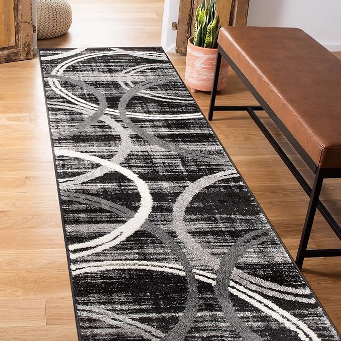 Rugshop Wavy Circles Modern Non-Shedding Runner Rug Black 2' x 7'2"